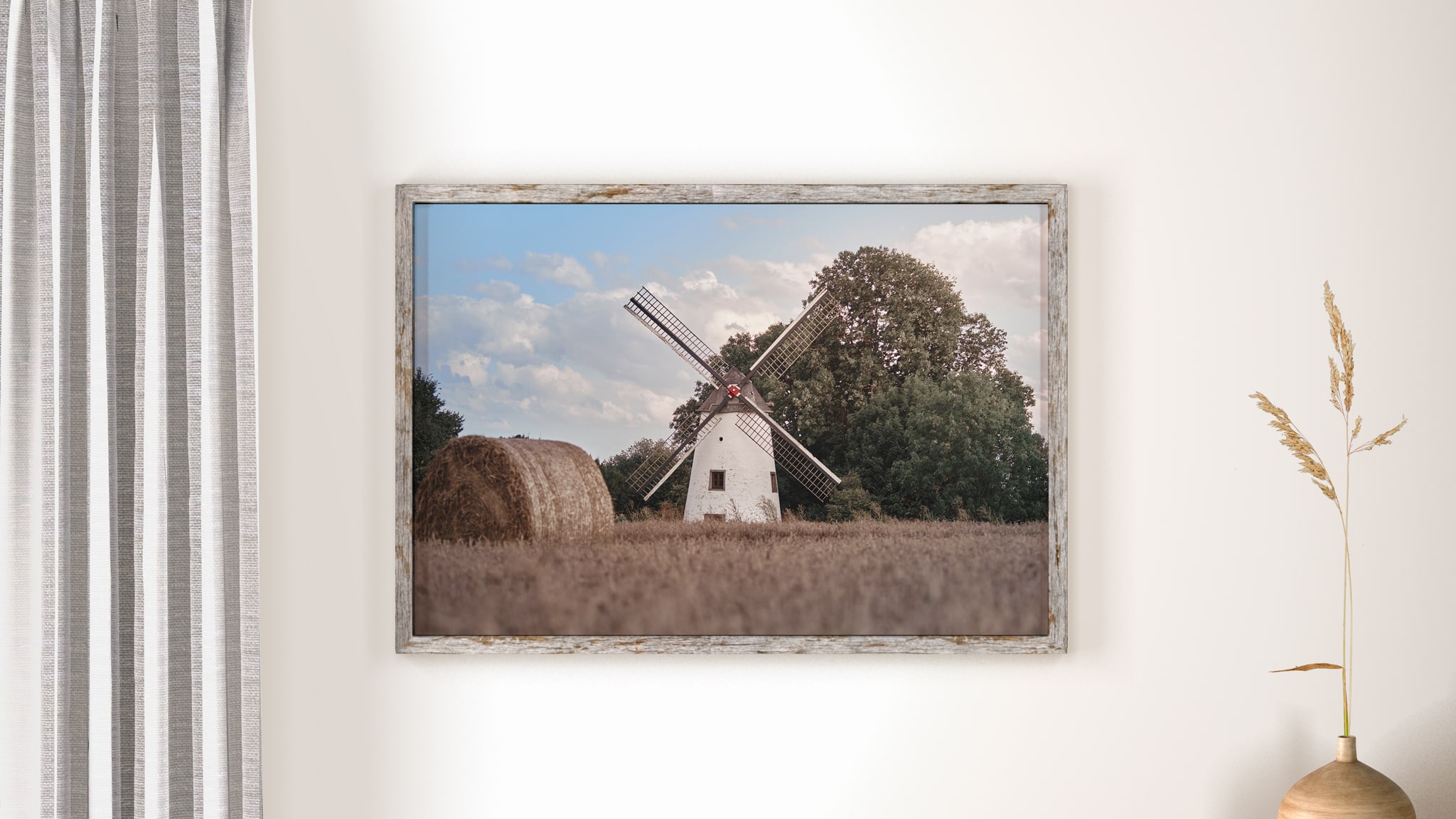 Windmill landscape in spring framed fine art print